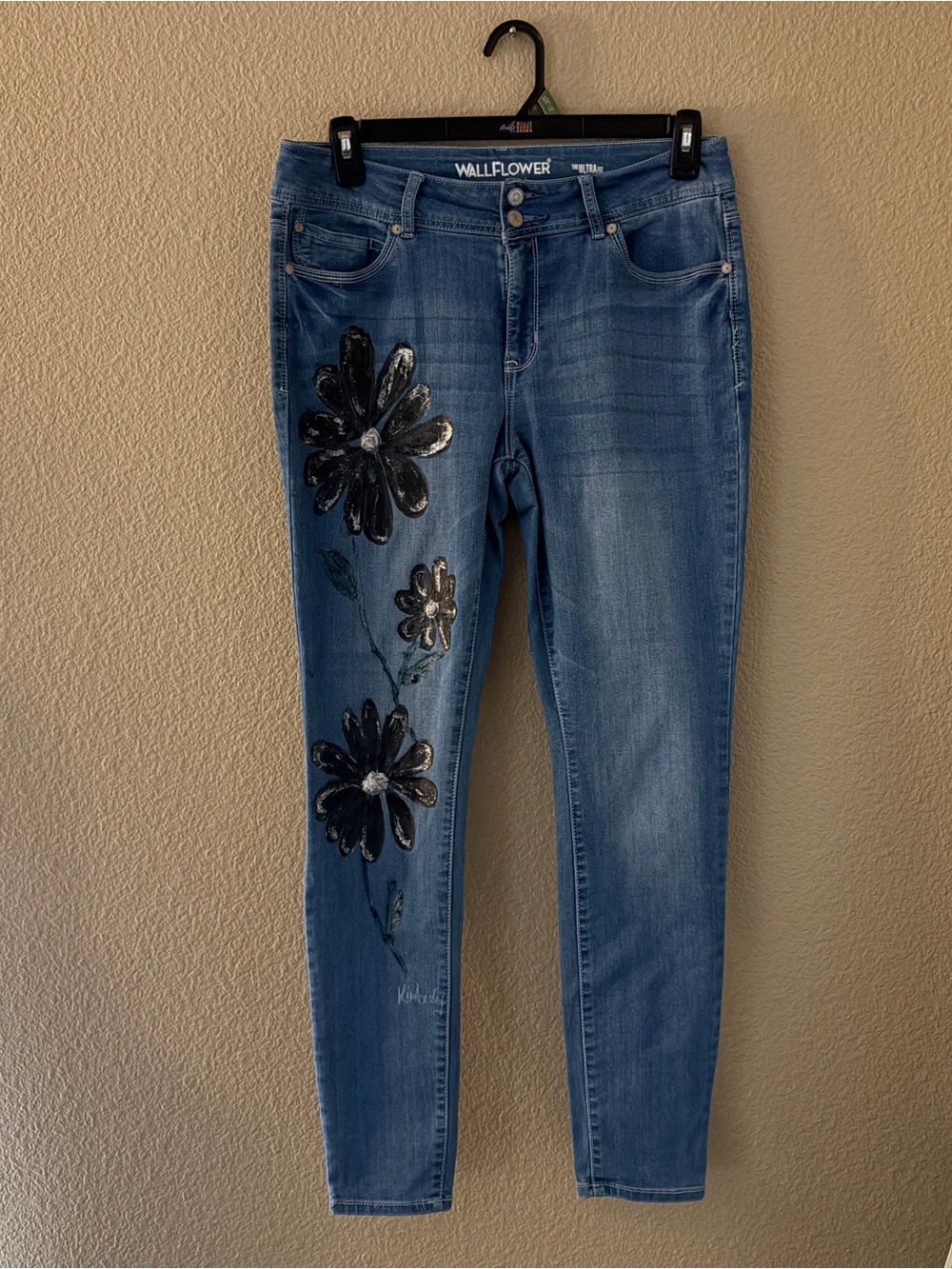Wallflower Blue Skinny Jeans with Black Floral Detail